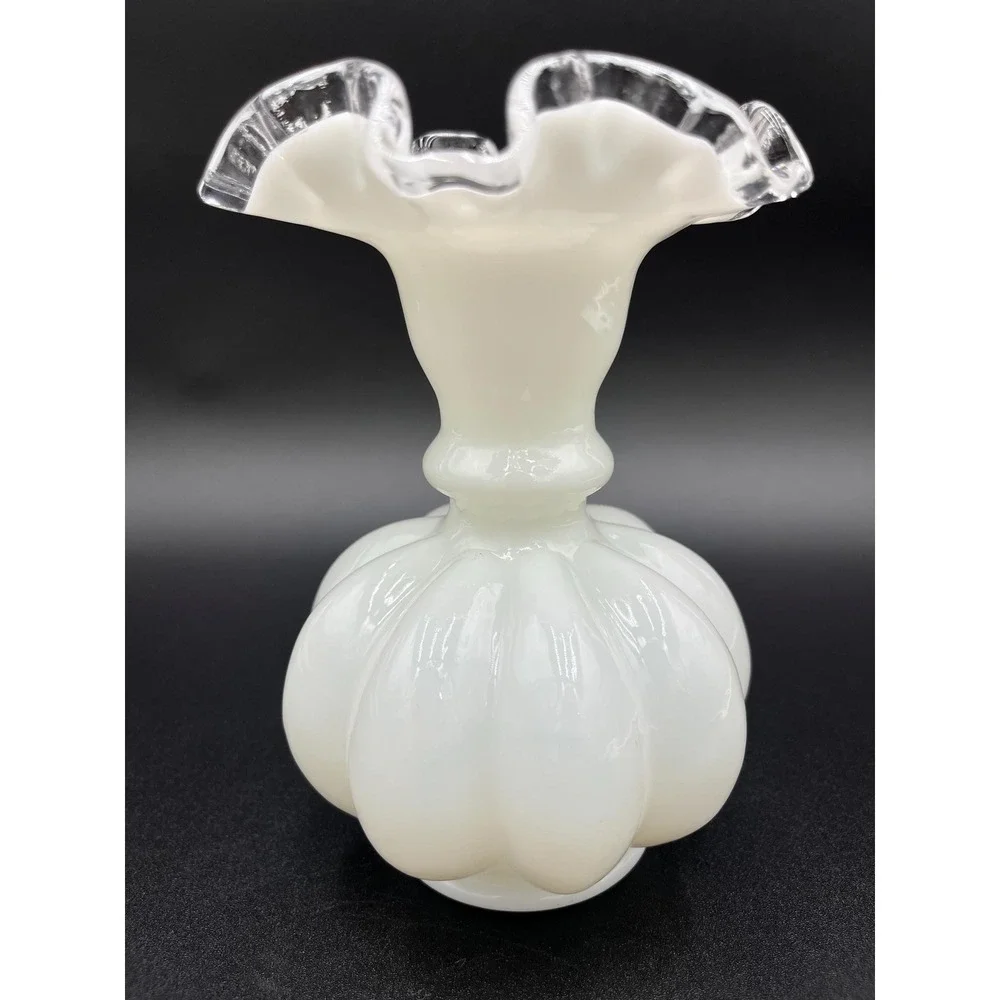 Fenton Silver Crest Milk Glass Melon Vase: Crimped Edge Flower Vase